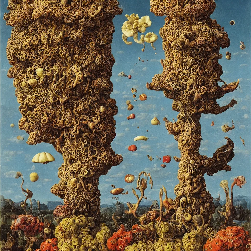 Image similar to a single colorful! ( lovecraftian ) fungus tower white! clear empty sky, a high contrast!! ultradetailed photorealistic painting by jan van eyck, audubon, rene magritte, agnes pelton, max ernst, walton ford, andreas achenbach, ernst haeckel, hard lighting, masterpiece
