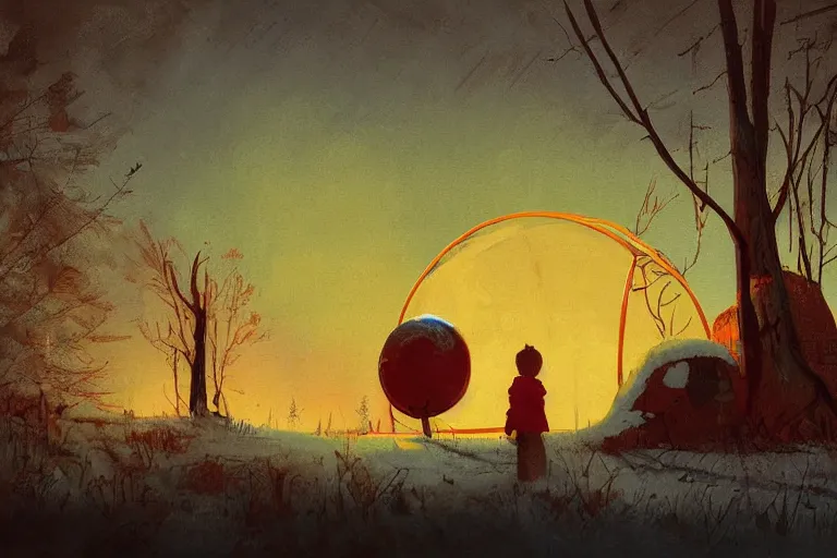 Prompt: surreal painting of a kid hiding in a giant rusted metal sphere in the woods in the style of simon stalenhag, sunset, snow, cold light, digital painting, concept art