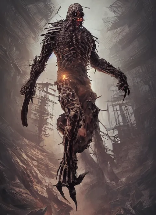 Image similar to poster!! scary new enemy for 7 days to die, monster concept art, action pose, illustration, full body armor, steel plating, huge weapon, super powers, athletic, symmetry, intricate design, shiny, highly detailed, hd, dramatic lighting, wide angle view, art by artgerm and greg rutkowski