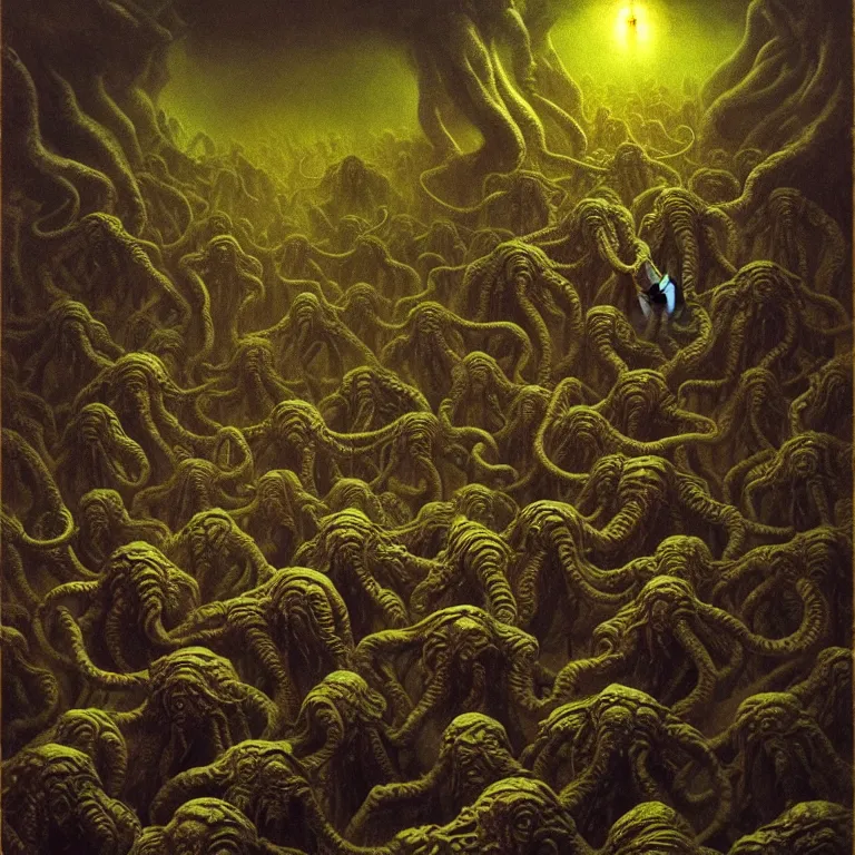 Image similar to a cinematic scene from the human soldiers fleeing cthulhu, lovecraft, concept art by beksinski and jean delville, dramatic lighting, ultra hd, hdr, 8 k