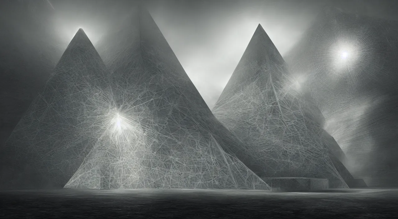 Image similar to ancient pyramid, parametric structure, cellular biology by glenn small, by ernst haeckel, by albert bierstadt photorealistic, zaha hadid, god rays, volumetric lighting, detailed, intricate, delicate, raytrace, octane, light fog, neon, bladerunner