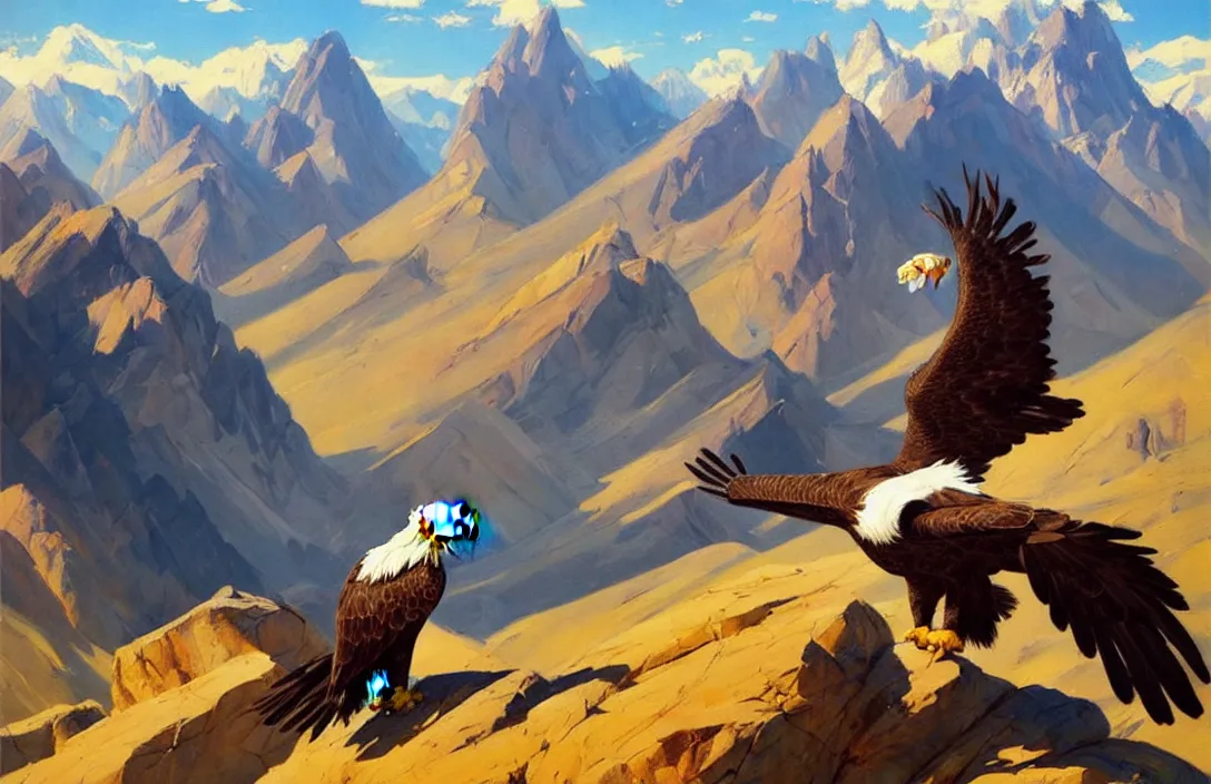 Image similar to greg manchess painting of eagle hunter sitting on the background of mountains in kyrgyzstan, medium shot, asymmetrical, organic painting, sunny day, matte painting, bold shapes, hard edges, street art, trending on artstation, by huang guangjian and gil elvgren and sachin teng