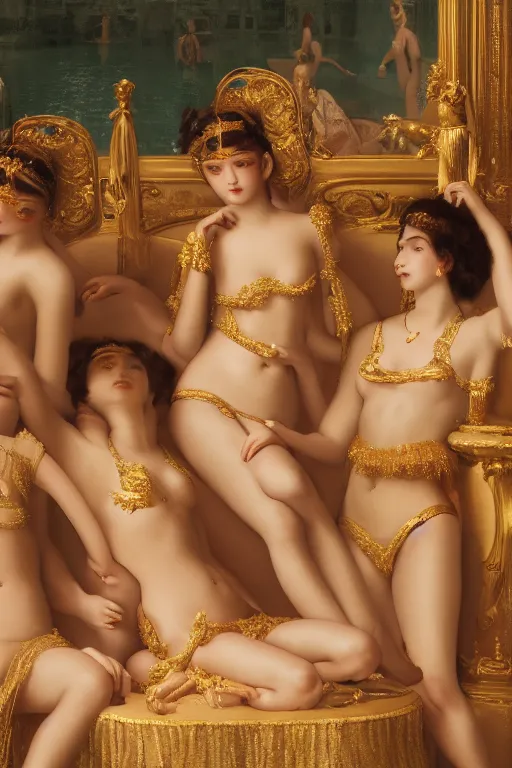 Image similar to masterpiece portrait of bathing beauties dressed in golden oriental ornaments, by Jean-Auguste-Dominique Ingres, wide angle, minimalistic cinematic composition, octane render, bokeh, unreal engine, 4k, 3d render, ultra-detailed, fantastic, great, beautiful