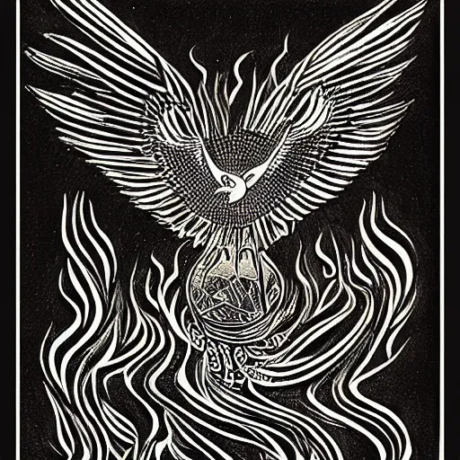 Prompt: a bird rising above the flames, mexican folk art, native american folk art, relief engraving, framed art, simple, deep black shading, mild expressionism, award winning