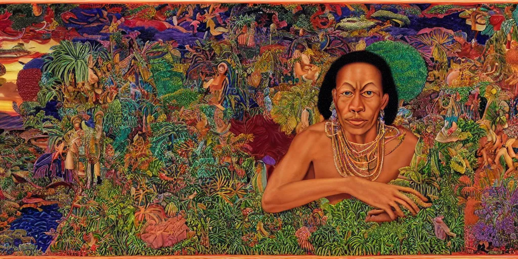 Prompt: very high resolution image. a beautiful tropical landscape, portrait of a spiritual ancestor. 2 4 mm, photorealistic, abstract, directed by mati klarwein