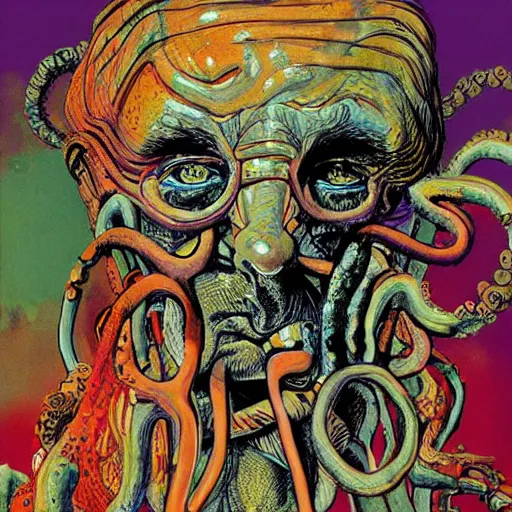 Prompt: graphic illustration, creative design, medusa, biopunk, by ralph steadman, francis bacon, hunter s thompson, concept art