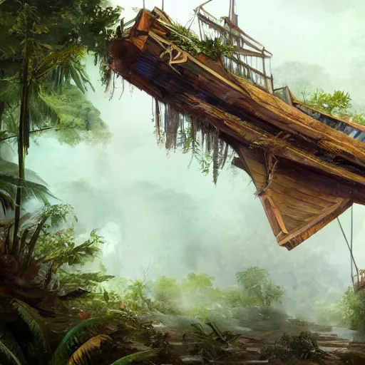 Image similar to Wrecked wooden ship on the top of jungle trees, 8k, detailed, concept art, trending on artstation