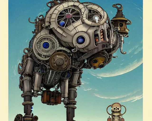 Image similar to a mechanical blueprint of a lovecraftian mechanized sloth from howl's moving castle ( 2 0 0 4 ), with a big head, in a war - torn desert village, wide shot, in front of a big moon, muted colors, post grunge, studio ghibli, hq, art by artgem