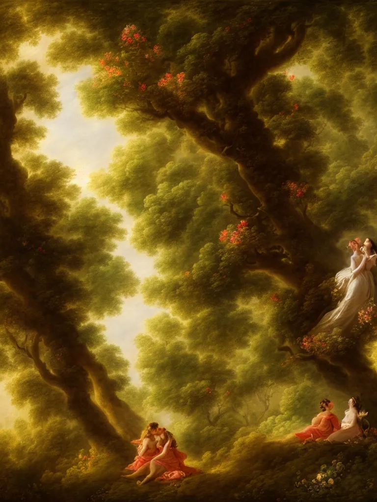 Prompt: portrait of the secret lovers kissing against a tree, shaded forest, volumetric light, afternoon, light wind, wild flowers, chiaroscuro, john longstaff, jean - honore fragonard, francois boucher, anna dittmann, 4 k