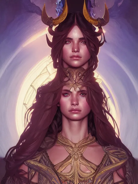 Image similar to symmetry!! intense fanart of a rebeca as a mage warrior as acotar protagonist, magic background, intricate, elegant, highly detailed, my rendition, digital painting, artstation, concept art, smooth, sharp focus, illustration, art by artgerm and greg rutkowski and alphonse mucha