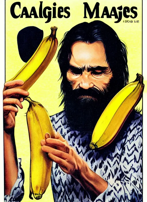 Image similar to vintage magazine advertisement depicting charles manson slipping on a banana peel, by alex grey