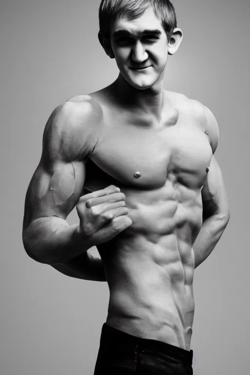 Image similar to Bo Burnham is a jacked muscle builder gigachad, grayscale photography