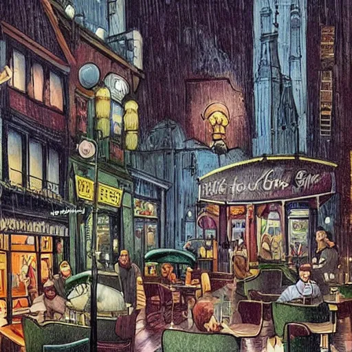 Image similar to busy cafe in a rainy victorian city, neil gaiman