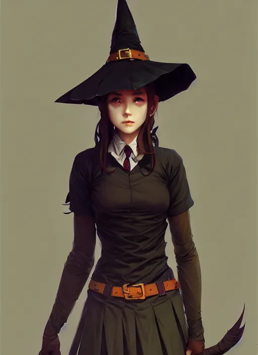 Image similar to rugged girl witch wearing magic school uniform, large wide - brimmed witch hat, cinematic, elaborate, elegant, masterpiece, illustration, digital painting, concept art, trending on artstation, pixiv, art by ruan jia and hong soonsang and wlop and artgerm and greg rutkowski and alphonse mucha