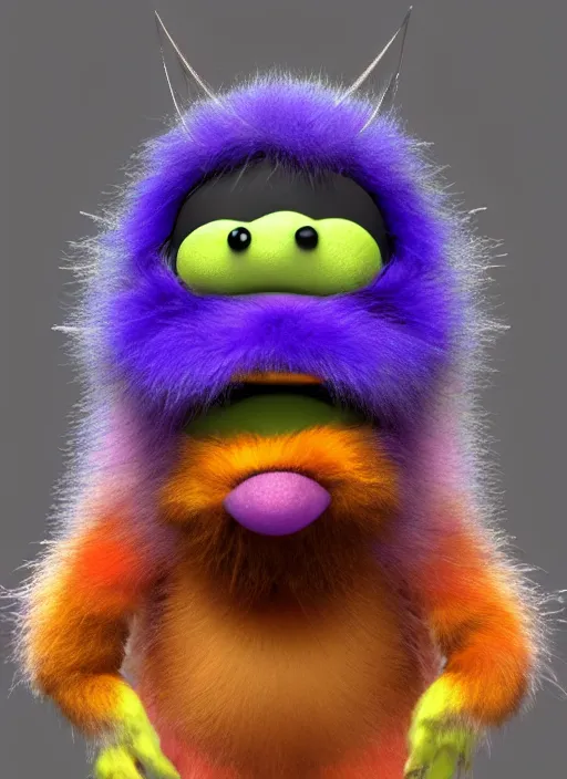 Prompt: full body 3 d model of a very cute vibrant rainbow colored grumpy furry monster with fuzzy horns, a 3 d render by wendy froud, designed by jim henson, dark rainbow colored fur, zbrush central contest winner, furry art, rendered in maya, vibrant, colorful, rendered in cinema 4 d, behance hd, daz 3 d, cgsociety, matte background