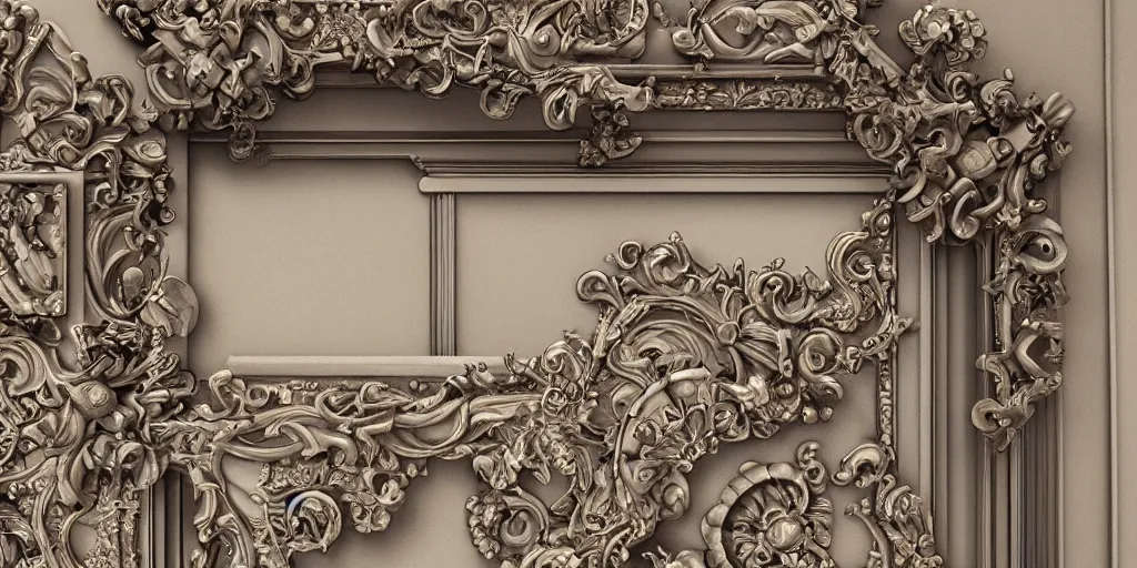 Image similar to hyper detailed baroque picture frame on a wall, 3 d octane render, ultra photorealistic