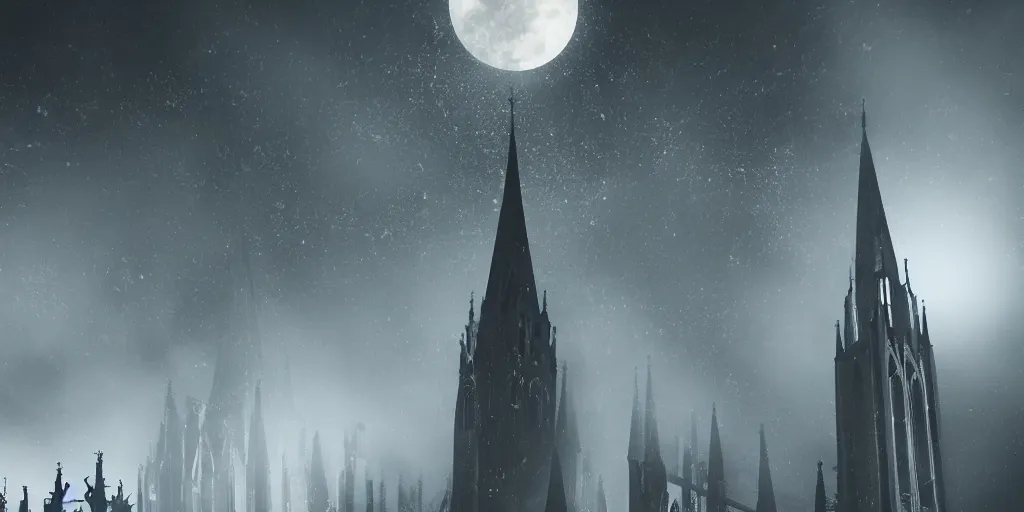 Prompt: Behind the tall and delicate gothic church at night, a huge delicate metal astrolabe in the moonlight, with ghosts floating in the foreground, light through the mist, dramatic lighting, photorealistic, cinematic lighting, high detail, cinematic feel, high octane, 4K, Unreal Engine, digital render, intricate, ultra realistic