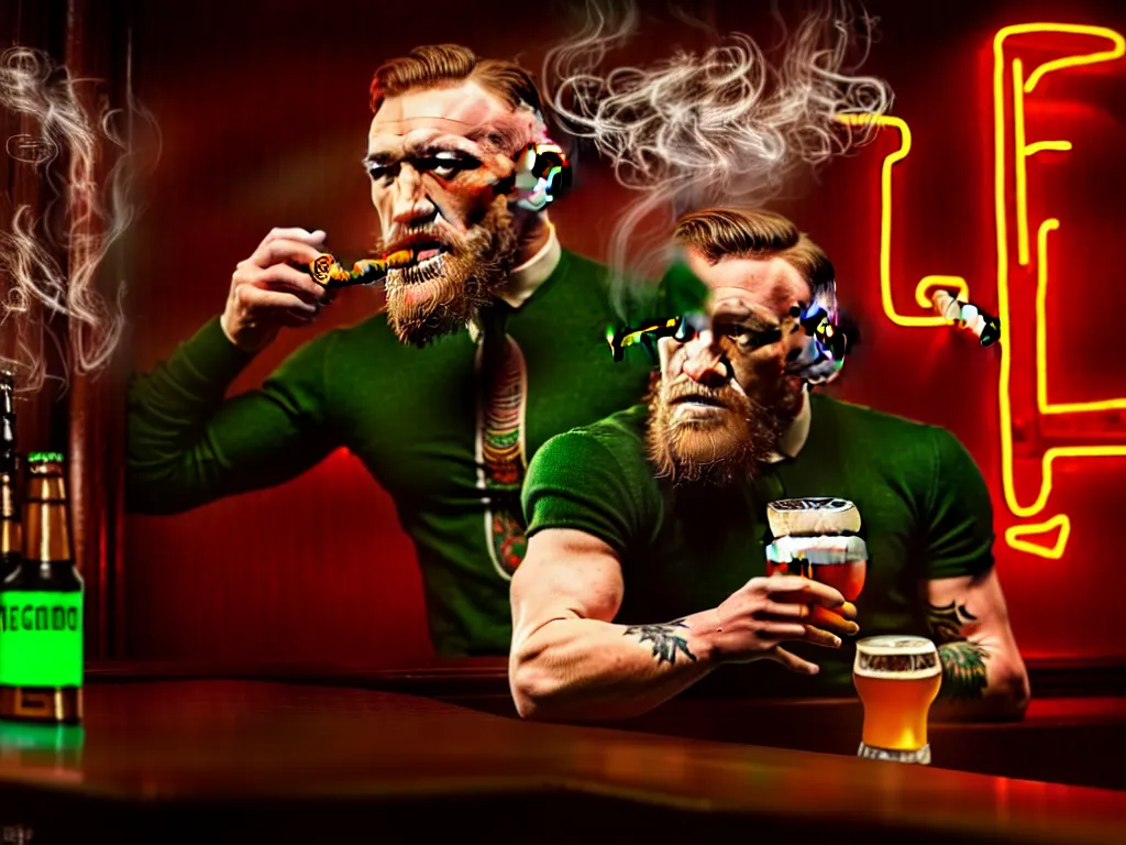 Image similar to a well framed portrait of conor mcgregor drinking a beer and smoking a cigar in an irish pub with a neon bar, laser lighting, trending on art station, in the style of the movie heat with al pacino, volumetric lighting & shadows, hyper detailed, digital art, unreal engine, 4 0 0 mm f 1. 8,