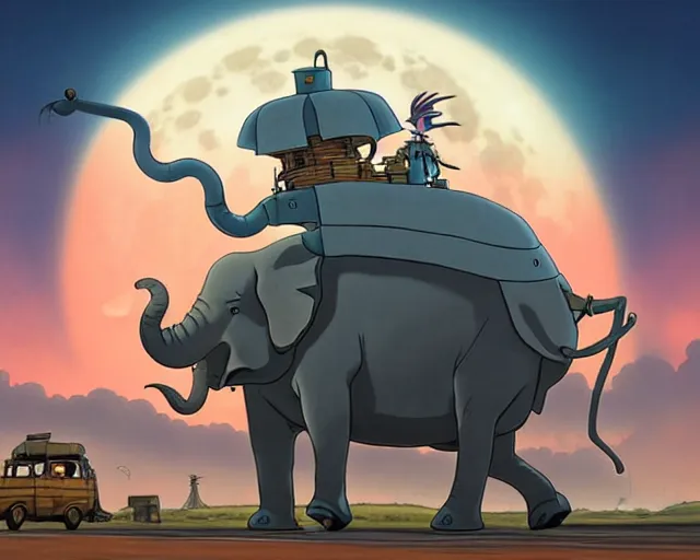 Image similar to a cell shaded cartoon giant grey lovecraftian mechanized elephant from howl's moving castle ( 2 0 0 4 ), with a big head, on a desert road, wide shot, in front of a big moon, muted colors, post grunge, josan gonzales, wlop, by james jean, victor ngai, hq, deviantart, art by artgem