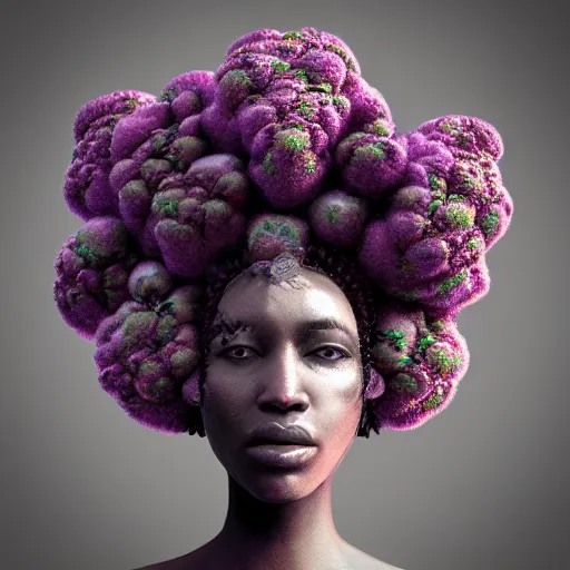 Image similar to a female african marijuanna! shaman with an afro made of flowers, third eye art art by machina infinitum, complexity from simplicity, rendered in octane, mandelbulb 3 d, ambient occlusion, macro photography, felt!!! texture, tribal, pastel! retrowave