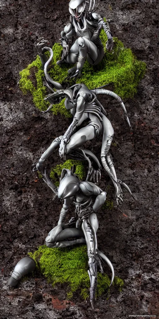 Prompt: bootleg figure of a plastic platinum xenomorph diorama crushed on the ground surrounded of dirt and moss secondhand, dramatic airbrush stormcloud, mcfarlane, figma, cursed photography, middle view