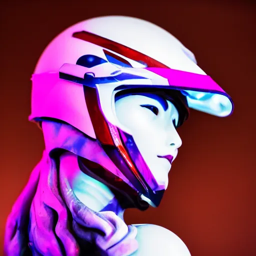 Image similar to beautifully lit extreme close up photo of a white marble statue of an anime girl with colorful motocross logos and motorcycle helmet with closed visor, colorful smoke in the background, carved marble statue, fine art, neon genesis evangelion, virgil abloh, offwhite, denoise, highly detailed, 8 k, hyperreal