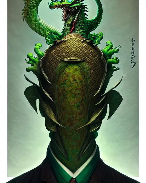 Image similar to anthropomorphic art of a businessman dragon, green dragon, dragon head, portrait, victorian inspired clothing by artgerm, victo ngai, ryohei hase, artstation. fractal papers and books. highly detailed digital painting, smooth, global illumination, fantasy art by greg rutkowsky, karl spitzweg