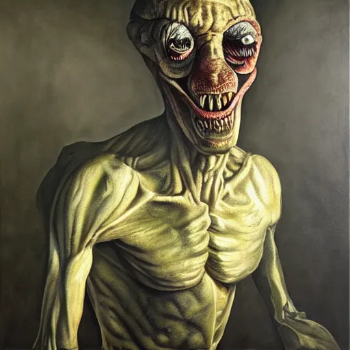 Image similar to Oil painting by Christian Rex Van Minnen of a portrait of an extremely bizarre disturbing mutated man with intense chiaroscuro lighting very detailed insanely creepy perfect composition