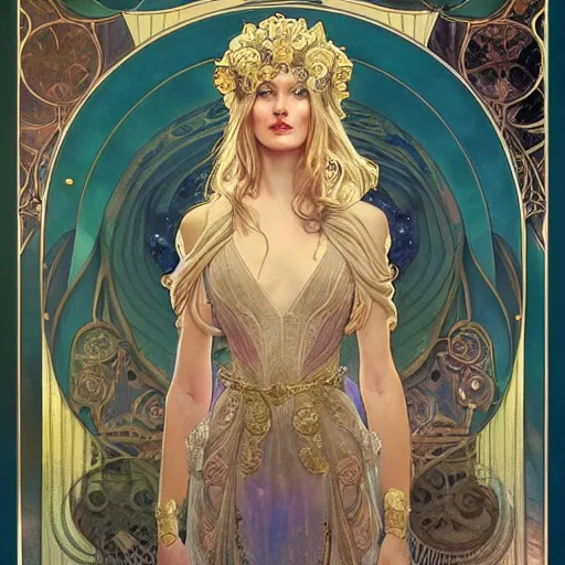 Image similar to god, highly detailed, very intricate, art nouveau, gold filigree, soft cinematic lighting, award winning, tarot concept art watercolor illustration by mandy jurgens and alphonse mucha and alena aenami, pastel color palette, featured on artstation