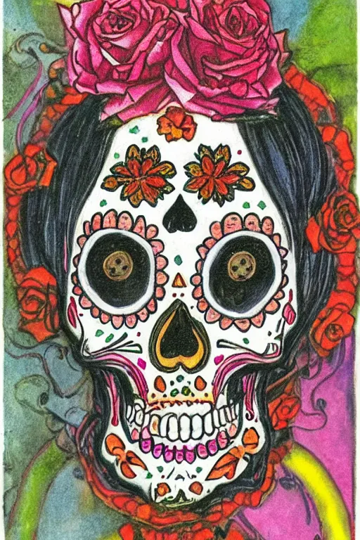 Prompt: Illustration of a sugar skull day of the dead girl, art by hans baluschek