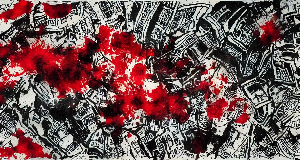Prompt: category b film poster with trace of a shot in centre, ink painting with patterns, texture, blood splatter on the sides, focus render, painting, grainy tape, distortion, few details,
