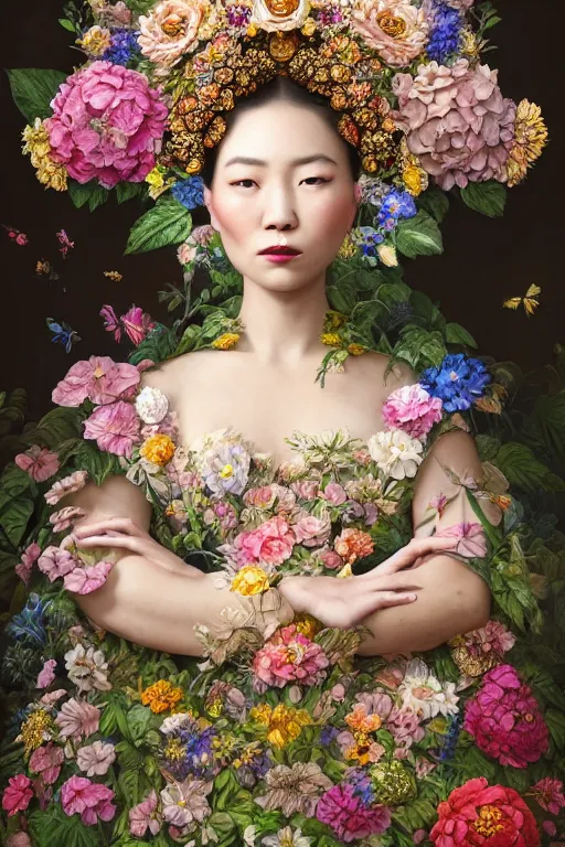 Image similar to a beautiful portrait of an empress in her garden, with a brilliant, impossible striking big flower headpiece, clothes entirely made out of flowers, symmetrical, closeup, dramatic studio lighting, rococo, baroque, jewels, asian, hyperrealism, D&D, fantasy, intricate, elegant, highly detailed, digital painting, artstation, octane render, 8k, concept art, matte, sharp focus, illustration, art by Artgerm and Greg Rutkowski and Alphonse Mucha