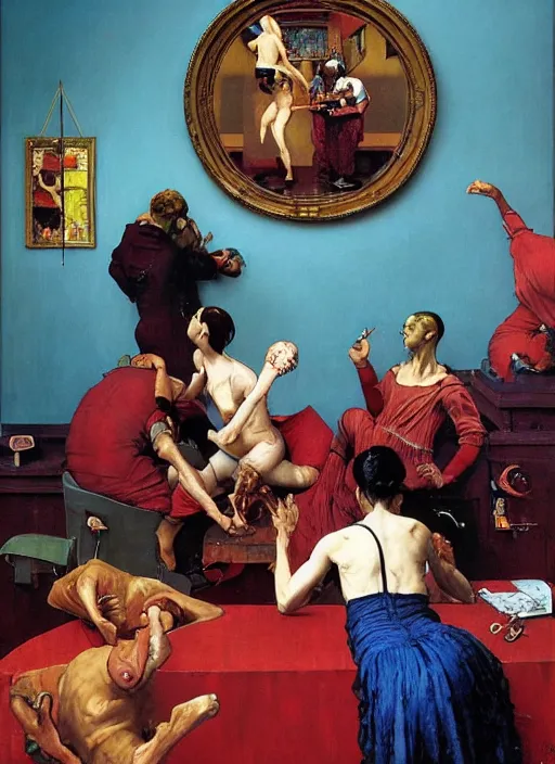 Prompt: realistic detailed image of a renaissance scene in the style of Francis Bacon, Surreal, Norman Rockwell and James Jean, Greg Hildebrandt, and Mark Brooks, triadic color scheme, By Greg Rutkowski, in the style of Francis Bacon and Syd Mead and Edward Hopper and Norman Rockwell and Beksinski, open ceiling, highly detailed, painted by Francis Bacon, painted by James Gilleard, surrealism, airbrush, Ilya Kuvshinov, WLOP, Stanley Artgerm, very coherent, art by Takato Yamamoto and James Jean