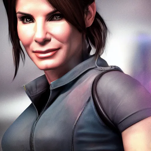 Image similar to hyperrealist portrait of sandra bullock as jill valentine. fantasy art, photo realistic, dynamic lighting, artstation, poster, volumetric lighting, very detailed faces, 4 k, award winning