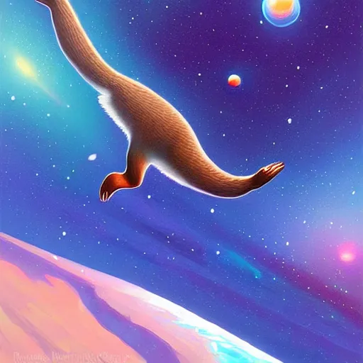 Image similar to an otter swimming through space, digital painting, detailed, full body, trending on art station, art by rhads, art by miyazaki