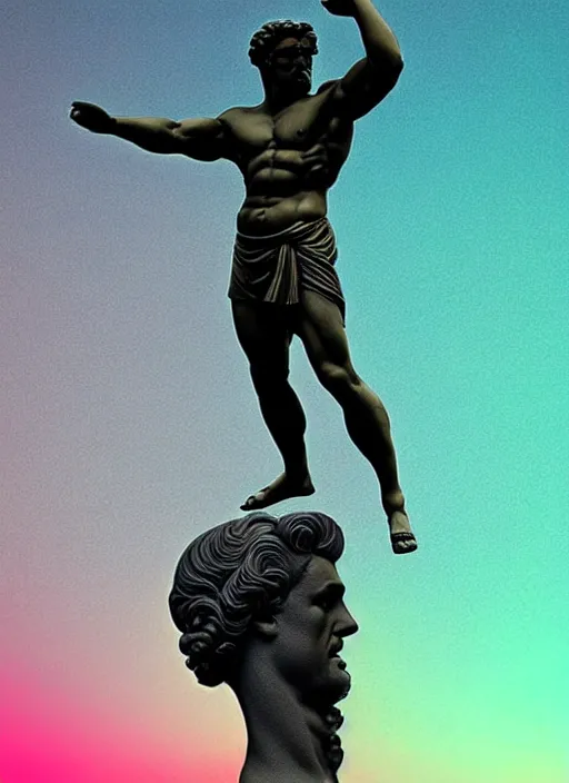 Image similar to statue of hercules, beeple, vaporwave, retrowave, tonal separation, black background, neon, black, glitch, pixel sorting, strong contrast, pinterest, trending on artstation