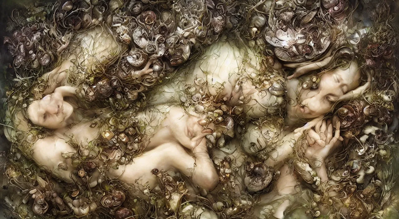 Prompt: pretty sleeping woman with mushrooms as camouflage, by ellen jewett, tomasz alen kopera and justin gerard : 3