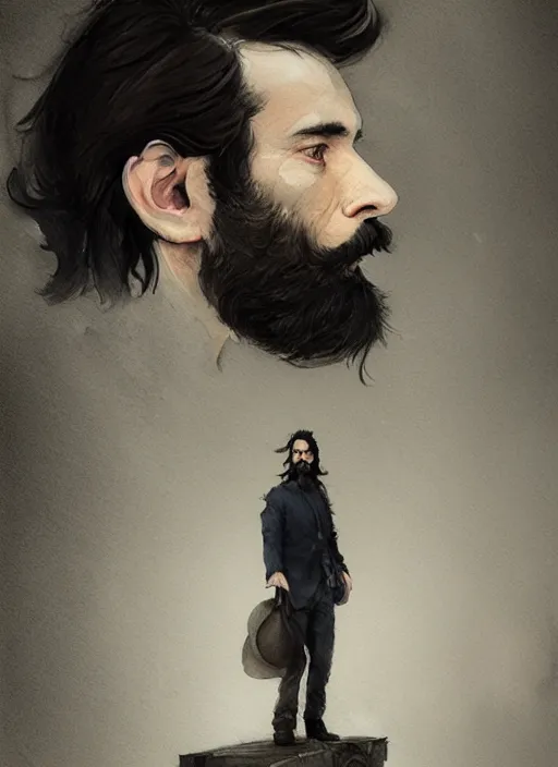 Image similar to portrait, a handsome small Frenchman with beard and long black hair toasting with whiskey, watercolor, dramatic lighting, cinematic, establishing shot, extremely high detail, foto realistic, cinematic lighting, digital art, by Yoshitaka Amano, Ruan Jia, Kentaro Miura, Artgerm, post processed, concept art, artstation, matte painting, style by eddie mendoza, raphael lacoste, alex ross