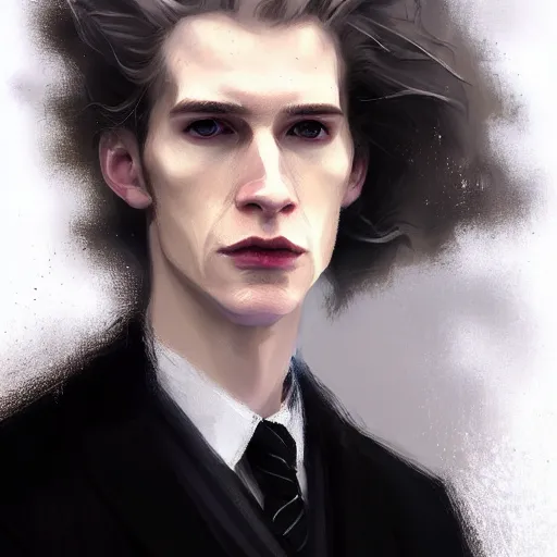 Prompt: Portrait of an androgynous man by Greg Rutkowski, he is about 30 years old, mixture between russian and irish, long fluffy blond curly hair, attractive, extremely pale white skin, smart looking, he is wearing a black futuristic lawyer outfit, highly detailed portrait, scifi, digital painting, artstation, concept art, very very very pale skin, very very long curly blond hair, smooth, sharp foccus ilustration, Artstation HQ