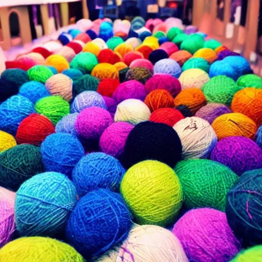 Prompt: getting lost in a yarn store when you are 1cm tall, yarn balls falling everywhere, beautiful katamari, honey we shrink the kids, bright colourful yarn balls, illustrative style