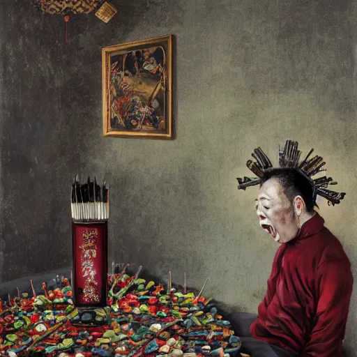 Image similar to chinese prisoner eating melting crayons, wearing victorian regalia, elite, disfigured, drooling, moist, unnatural movement, they are happy, bizzaro, baroque, renaissance, by emedios varo and anato finnstark and fenghua zhong, hyperrealism, 8 k, 3 d, hyperrealism, masterpiece,, texture, captivating, awe inspiring