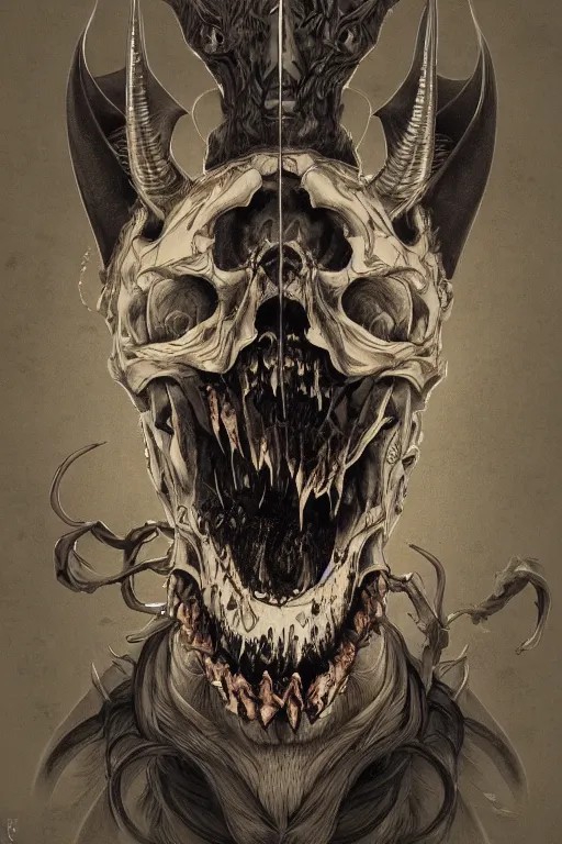 Image similar to a portrait of a japanese devil skull animal illustrated by miyazaki by karol bak, james jean, tom bagshaw, rococo, sharp focus, trending on artstation, cinematic lighting, hyper realism, octane render, 8 k, hyper detailed, vivid, ultra detailed, highly detailed