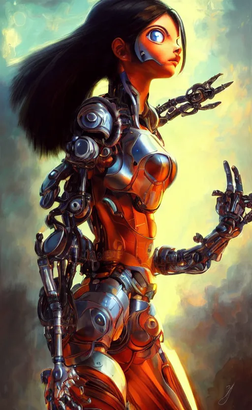 Prompt: character design, concept art, cyborg, battle angel alita. by rembrandt 1 6 6 7, illustration, by konstantin razumov, sci - fi, frostine engine, vibrant colors, fractal flame, crystalized, by wlop