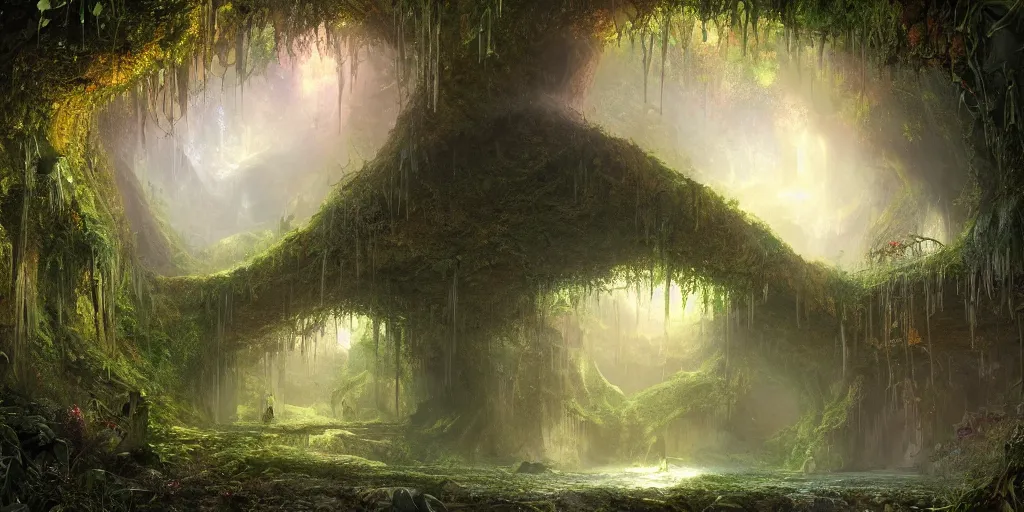 Prompt: a digital painting of a cave entrance in a mystical forest with vines hanging from trees, fireflies glowing in various colors, desaturated, a detailed matte painting by stephan martiniere, cgsociety, fantasy art, matte painting, concept art, fractalism