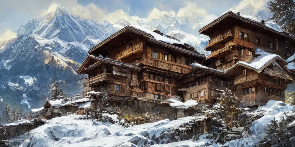 Image similar to A Swiss house in the mountains as Far Cry 4 concept art, spring season, beautiful, gorgeous buildings, oil painting, painting by Viktor Vasnetsov, concept art, fantasy landscape, swiss architecture, painting by Ivan Shishkin, hyperborea, high resolution, trending on artstation,