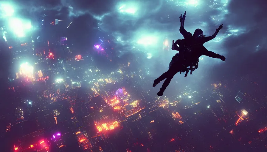 Prompt: man skydiving in dark cyberpunk city with clouds, digital art, volumetric lighting, dystopia, artstation, concept art, painting