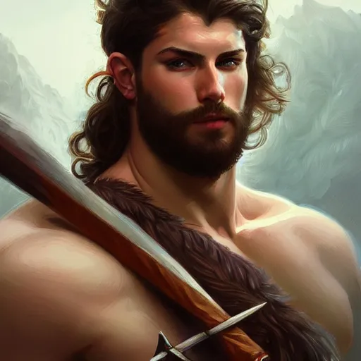 Prompt: portrait of a youthful male barbarian, handsome, toned, D&D, muscular, fantasy, intricate, elegant, highly detailed, digital painting, artstation, concept art, smooth, sharp focus, illustration, art by artgerm and greg rutkowski and alphonse mucha