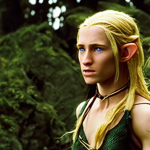 Prompt: A still from “Lord of the Rings” of a head and shoulders action shot of a light-green-skinned, athletic female half-elf with shoulder-length blonde hair, red-and-gold irises, wearing black thorny vines as a choker, photo by Phil Noto