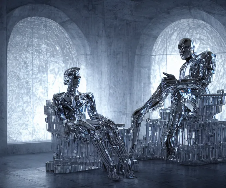 Image similar to translucent cyborg sitting on an aluminum throne, futuristic castle background, fantasy sci - fi, sharp lines, metallic, 2 0 0 mm focus