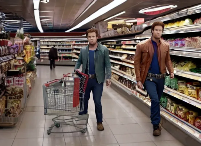 Image similar to film still of Star-Lord shopping in a supermarket in the new Guardians of the Galaxy movie, 4k